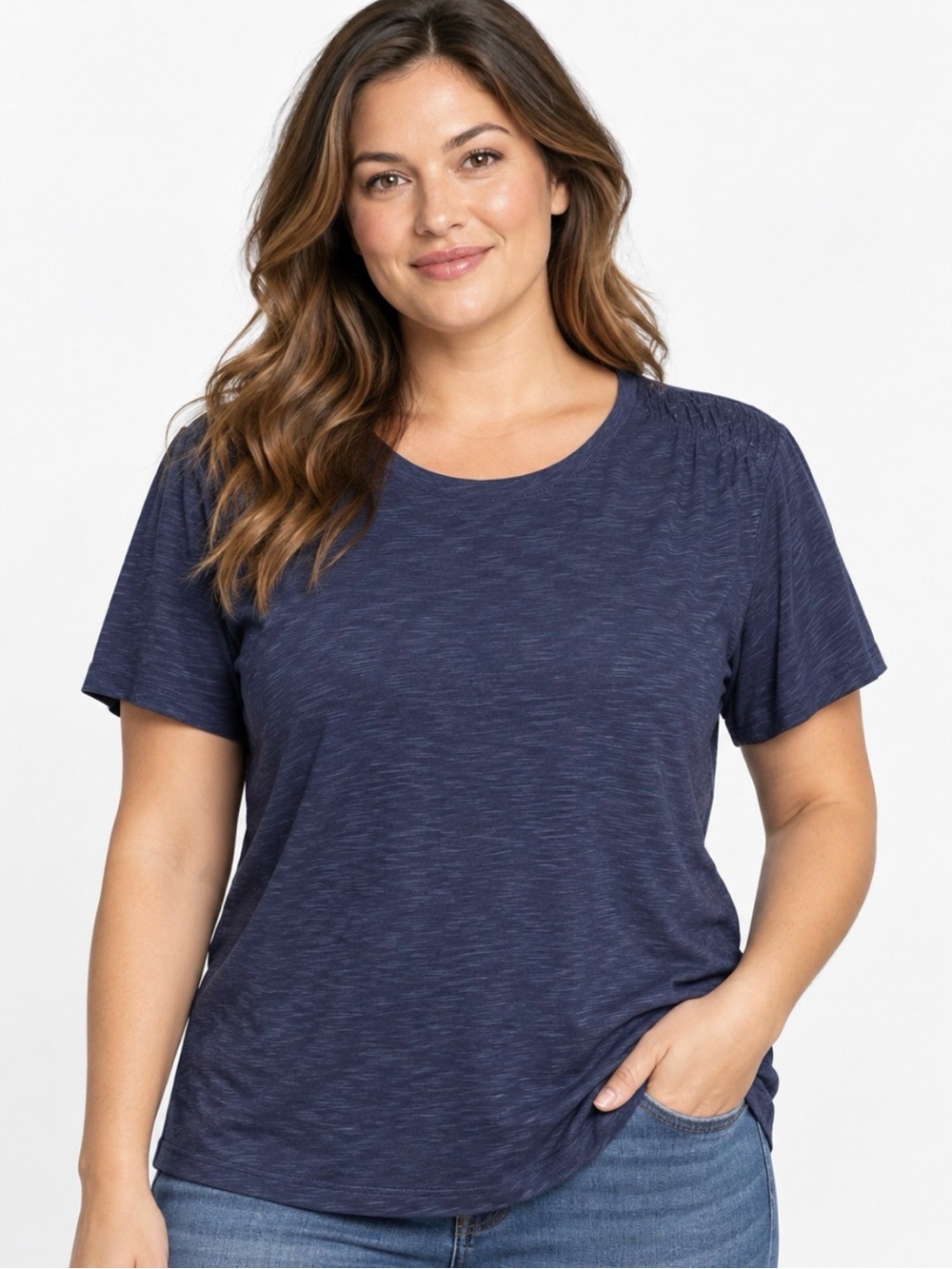 Denim & Co. Essentials Linen Blend Top Smocking Detail Navy Size L A722376
